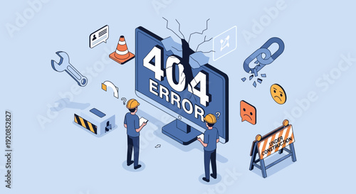 Technicians repairing large broken computer screen with 404 error message on it surrounded by various technical icons and tools