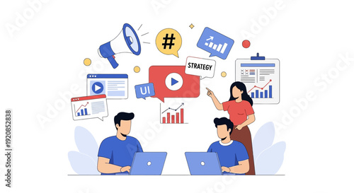 Team collaborating on digital marketing strategy with analytics and social media icons surrounding them in a modern workspace from a bird's eye view