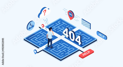 A person standing on a large blue webpage displaying the error code 404 surrounded by various digital icons and symbols in a 3D illustration