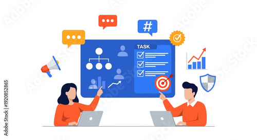 Two professionals collaborating on a task management workflow diagram on a large screen displaying various icons and charts