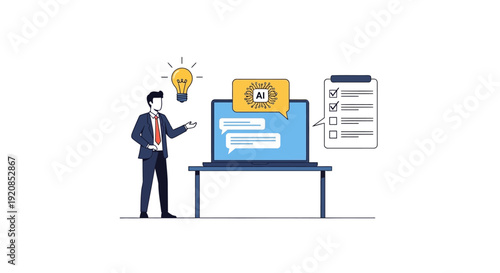 Man in suit standing beside a table with a computer displaying a video interface and a checklist on a clipboard