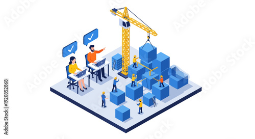 Professionals collaborating on a construction project with 3D models and a crane, viewed from above