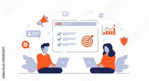 Two individuals working on laptops surrounded by digital marketing icons and a large browser window with a target symbol