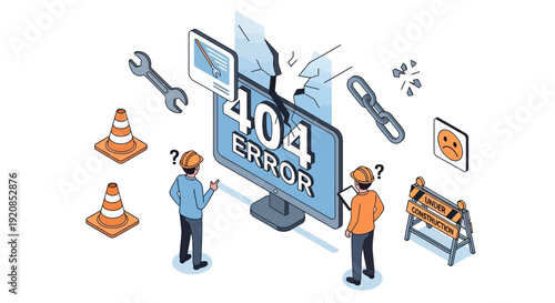Technicians repair broken computer screen displaying 404 error message in a technical environment from a front viewpoint