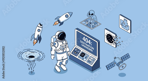 Astronaut floating in space surrounded by spacecraft and technology icons, illustrating a 404 error page concept with futuristic elements and digital devices
