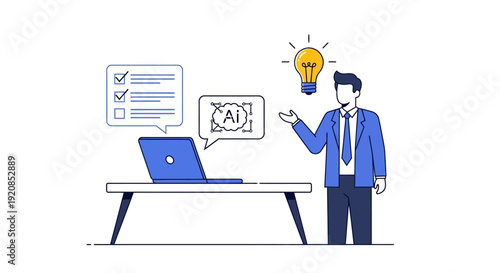 A businessman stands beside a desk with a laptop and brainstorming diagrams, contemplating innovative ideas and solutions in a professional setting.
