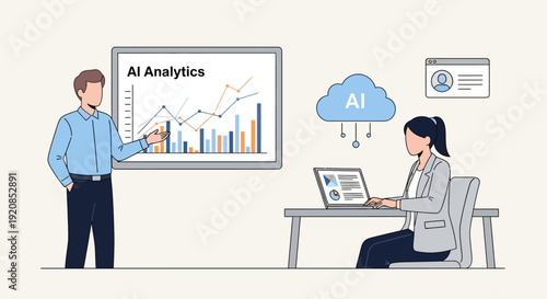 Man presenting AI analytics graph to woman working on laptop in a modern office environment from a standing viewpoint