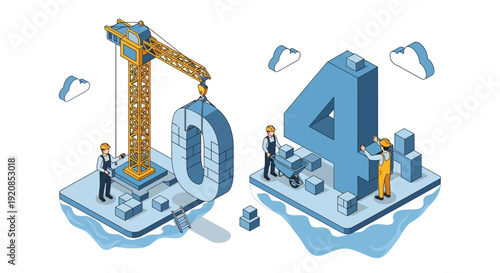 Construction Site with Crane Lifting Number Four into Place, Featuring Industrial Workers and Large Numerals on Display Platforms