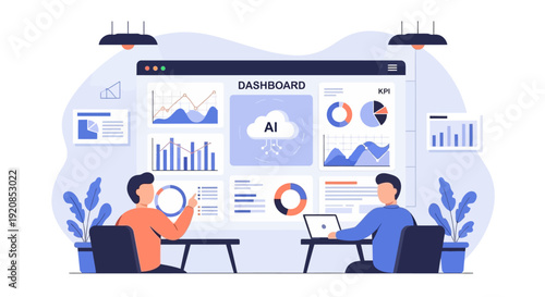 Two analysts collaborating on a data analytics dashboard featuring AI-driven insights in a modern office setting from a slightly elevated viewpoint