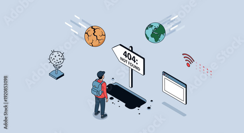 Man with backpack standing near broken laptop surrounded by floating icons representing error and connectivity issues