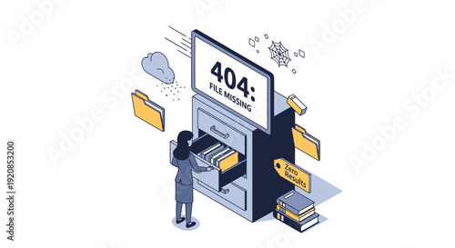 A person accessing a large browser window displaying a 404 error message with files and documents floating around