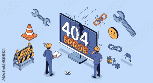 Technical team analyzing 404 error on computer screen with tools surrounding them