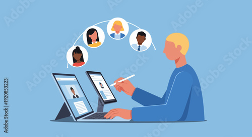 Man interacting with multiple devices and profiles in a digital workspace