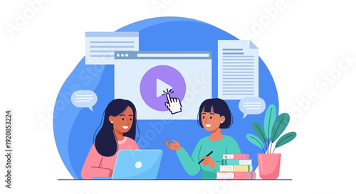 Two women collaborating on a project with laptops and documents on a desk in a modern office setting from a frontal viewpoint