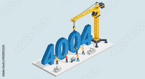 Crane lifting large blue 4004 numeral into place on a white platform surrounded by miniature workers