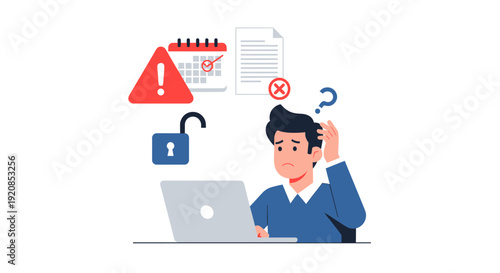 Man puzzled while working on laptop with security concerns and calendar in the background