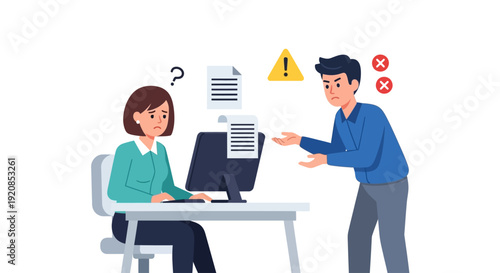 A man explaining a warning to a confused woman working on a computer at a desk in an office environment from a slightly angled viewpoint