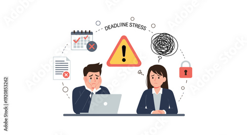 Two professionals working together at a desk surrounded by deadline stress symbols and warning signs in a modern office environment from a slightly elevated viewpoint