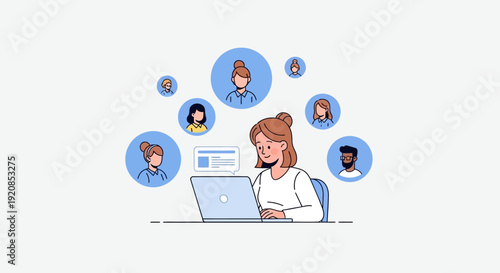 A woman working on a laptop with people icons surrounding her, illustrating remote work and digital communication in a modern office setting from a front viewpoint