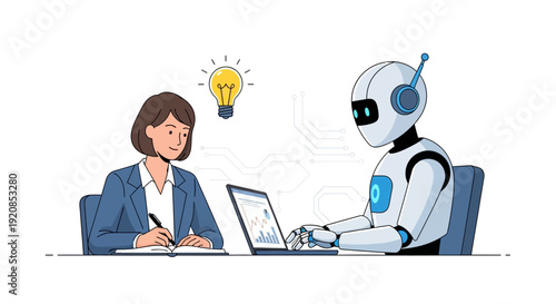 Woman collaborating with robot on laptop project in modern office setting viewed from the side
