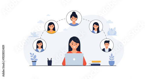 Woman working on laptop with team members connected virtually around her in a collaborative environment