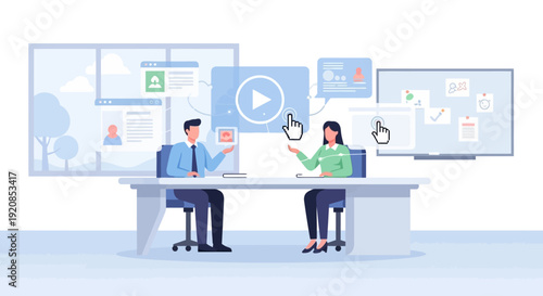 Two colleagues collaborating at a desk with digital screens and multimedia content