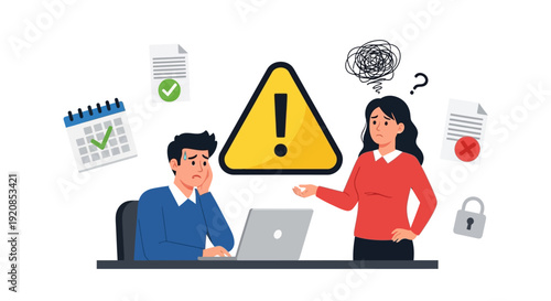 Man and woman discussing warning sign near laptop in office environment from a frontal viewpoint