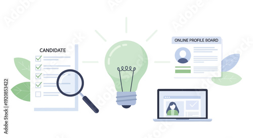 Illustration of a recruitment process featuring a lightbulb idea surrounded by candidate assessment and online profile review elements on a digital device