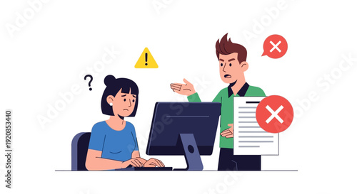 A man explaining errors to a woman working on a computer in an office environment from a slightly elevated viewpoint