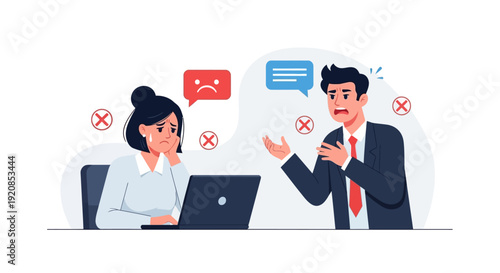 Business professionals engaged in a heated discussion at a workplace desk with negative feedback icons surrounding them