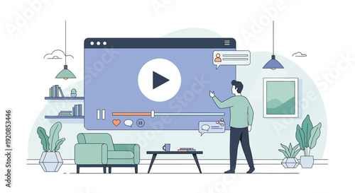 Man editing video on large screen display in modern living room with furniture and plants around