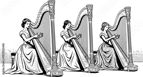 Vintage halftone harp trio illustration in black and white
