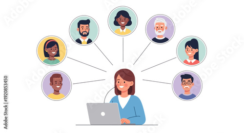 Woman working on laptop surrounded by diverse group of people icons in a collaborative virtual environment from a top-down viewpoint