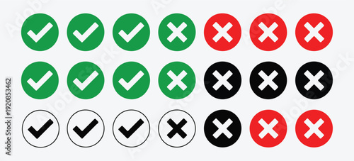 Set of green and red checkmarks and crosses in circles good and bad signs for online vote correct and incorrect