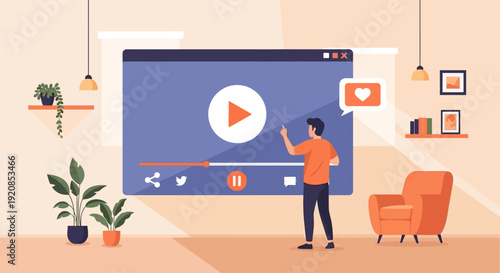 Person creating a video content in a modern living room with digital elements and furniture