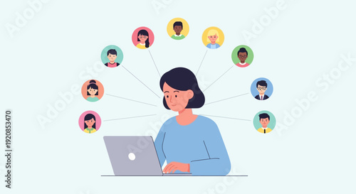 A woman works on a laptop surrounded by social media icons and profiles