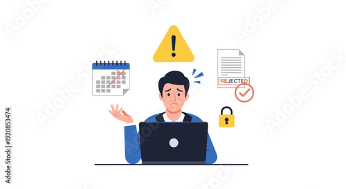 Man working on laptop with warning signs and documents around him indicating potential security threats and scheduling concerns from an overhead viewpoint