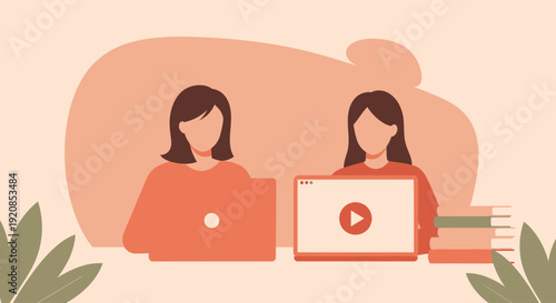 Two women working on laptops with a video play icon on one screen in a serene environment