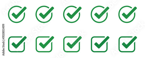 Minimalist green tick icons collection in various frames for checklist and survey results display on web pages