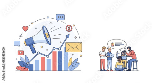Business professionals analyzing data trends on a modern digital workspace with megaphone amplifying notifications and social media icons surrounding the team