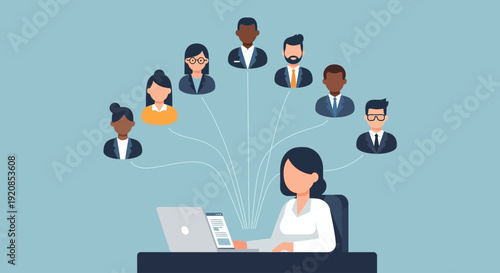 A woman works on her laptop at a desk surrounded by diverse coworkers in a collaborative office environment from a slightly elevated viewpoint