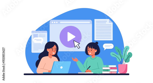 Two women collaborating on a video project using a laptop and discussing content together