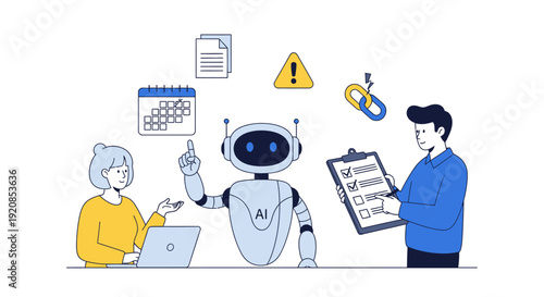 A robot collaborates with two people using a laptop and clipboard in a modern office setting with various icons floating above