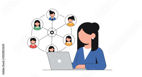 Woman working on laptop surrounded by social network connections viewed from the side in a professional setting