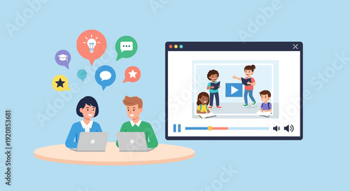 Designers collaborating on digital illustration project on laptops with creative elements around them in a modern workspace