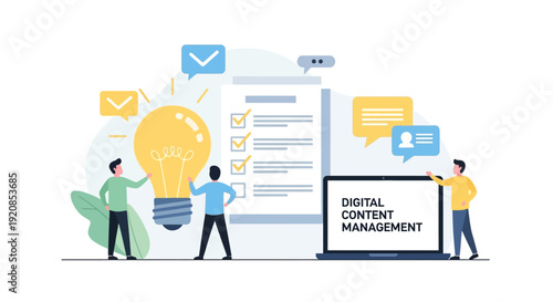 Three individuals collaborating on digital content management with documents and a large lightbulb
