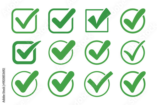 Green check mark icon set in various shapes for task completion and positive feedback symbols