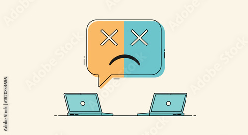 Two laptops display a frowning emoticon in a speech bubble indicating displeasure or dissatisfaction