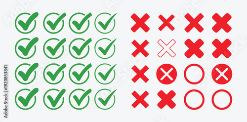 Green check marks and red cross icons set for voting decision interface design elements in flat vector style