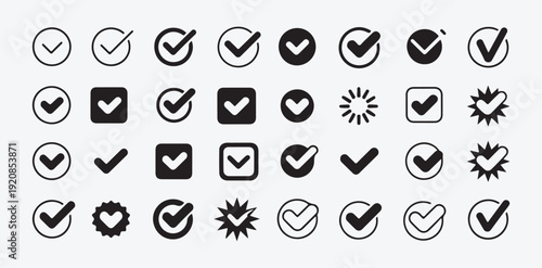 Black check mark icons collection for website interface and mobile application development in flat vector art